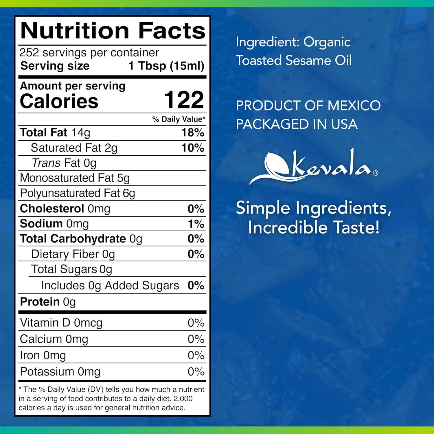 image:imageKevala Organic Toasted Sesame Oil ColdPressed Unrefined Pure Sesame Seed Oil for Cooking Marinades and Dressings USDA Organic Kosher NonGMO Certified Vegetable Oil Alternative 64 Fl Oz 1Pack128 Fl Oz