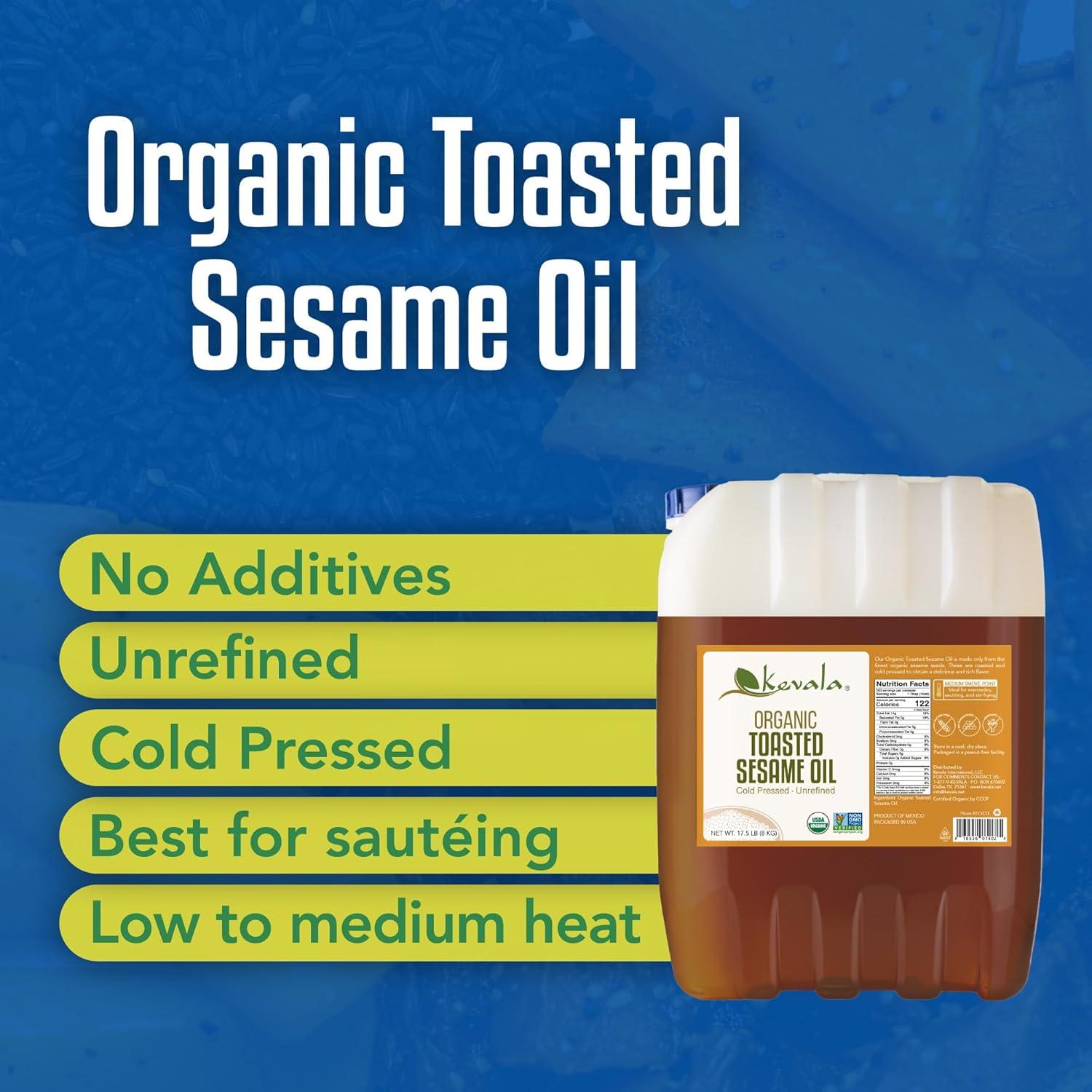 image:imageKevala Organic Toasted Sesame Oil ColdPressed Unrefined Pure Sesame Seed Oil for Cooking Marinades and Dressings USDA Organic Kosher NonGMO Certified Vegetable Oil Alternative 64 Fl Oz 1Pack280 onzas