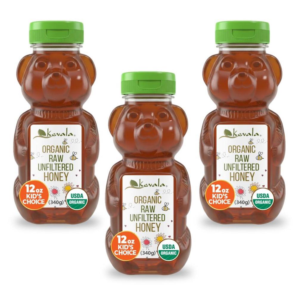 image:imageKevala Organic Raw Unfiltered Honey Bear  Gluten Free Sweetener with No Sugar Added Maple Syrup Substitute for Pancakes and Waffles Squeezable Bottle for Easy Use Raw Honey 12 oz 3pack