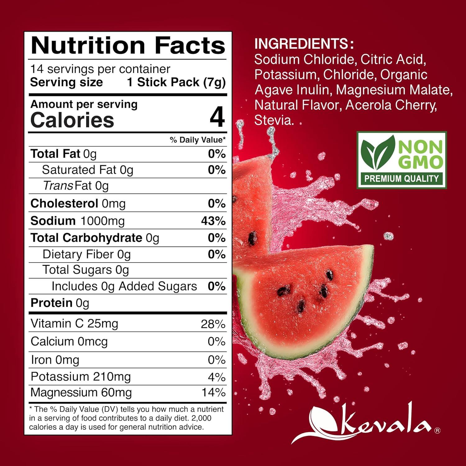 image:imageKevala Electrolytes Powder Packets Sugar Free Drink Mix Packets with Prebiotics Potassium amp Salt Electrolytes Keto Hydration Packets Rehydration Support 1 Pack 15 SticksWatermelon