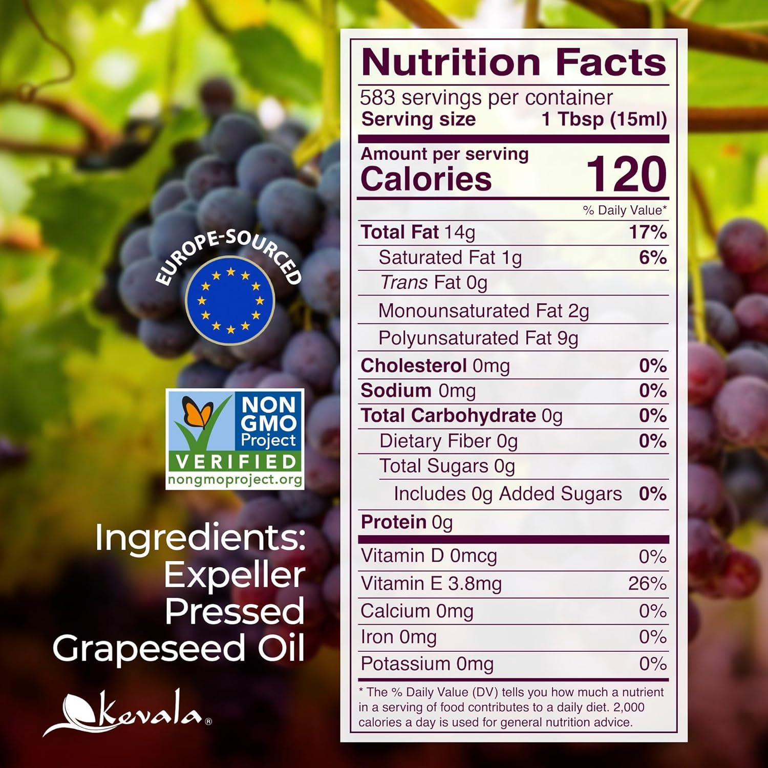 image:imageKevala Grapeseed Oil Made with a Premium Selection of Grapes Great for Cooking and Baking Enhances Freshness of Vegetables in Salads Powerful Addition to Daily Skincare Bulk Size 175 lb