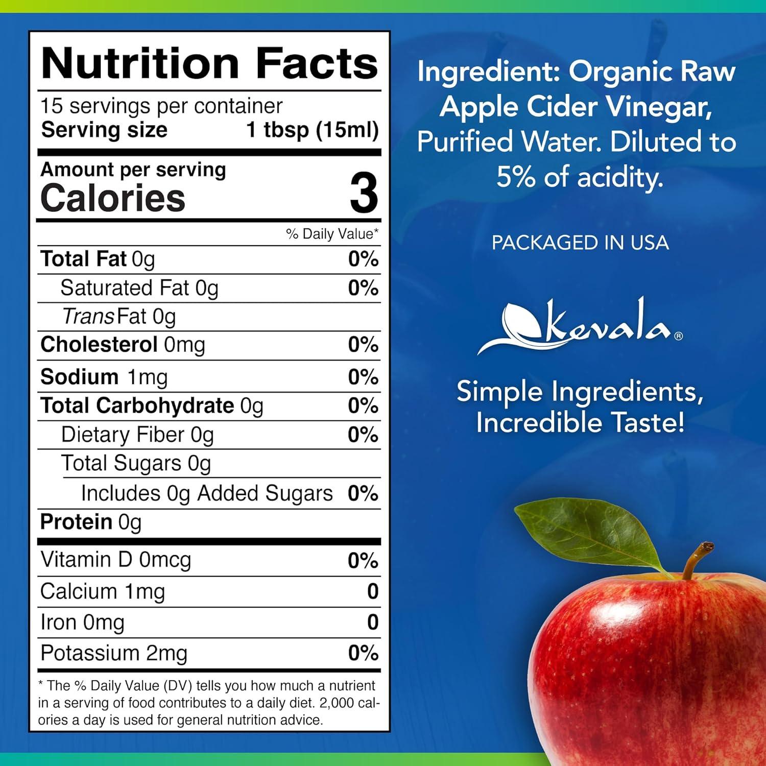 image:imageKevala Organic Raw Apple Cider Vinegar Glass Bottle Unfiltered and Unpasteurized Apple Cider Vinegar with Mother for Cooking Made with Selected Fresh Apples Ingredient for Immunity Shots 8 oz8 Fl Oz Pack of 1