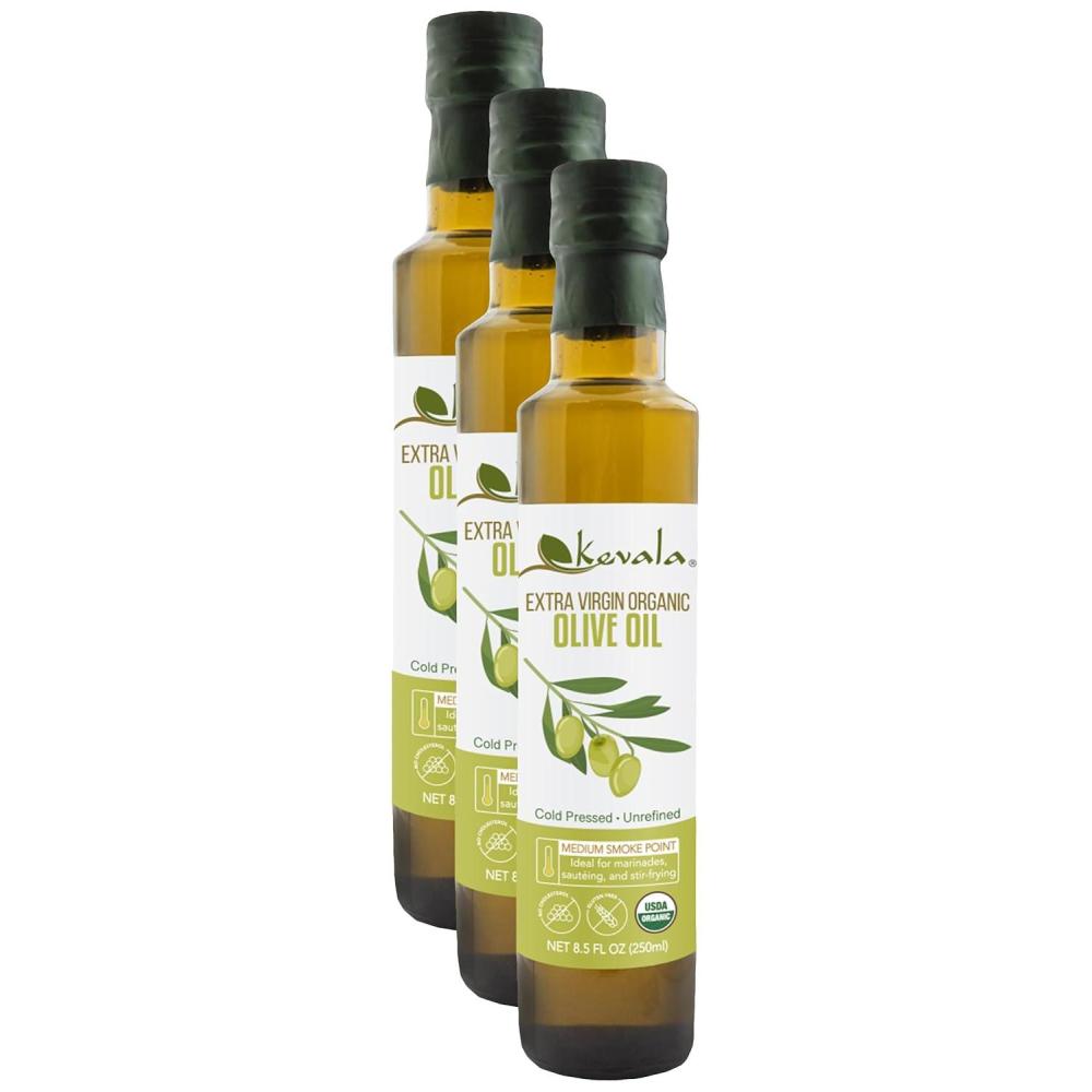 image:imageKevala Extra Virgin Organic Olive Oil Unrefined Olive Oil with no Additives for Cooking and Baking at Home Smooth Base for Salad Dressings GlutenFree Finishing Touch for Meals Glass Bottle 8 oz798 Fl Oz Pack of 3