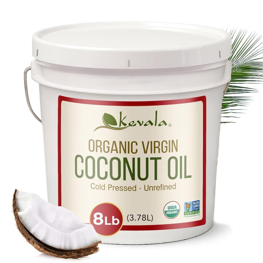 image:imageKevala Organic Coconut Oil Extra Virgin Oil with High Smoke Point for Baking and Cooking Natural and Fresh Coconut Scent for Body Massages Complements Recipes from Many Cultures Bulk Size 8 lb16 fl oz